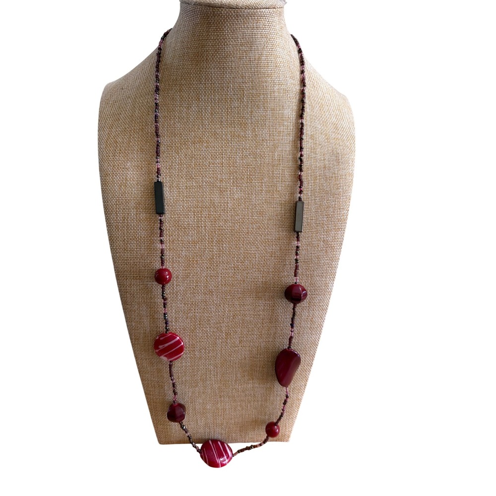 Long Beaded Strand Necklace Burgundy Red Striped Statement Seed Beads Layering
